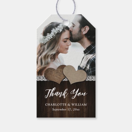 Étiquettes-cadeau Rustic Country Hearts Mariage photo en dentelle de (Devant)