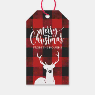 Étiquettes-cadeau Rustic Deer Buffalo Plaid Script Joyeux Noël