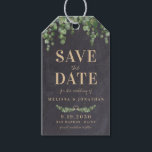 Étiquettes-cadeau Rustic Eucalyptus Chalkboard Enregistrer La Date D<br><div class="desc">Réservez la date! Annoncez votre mariage à vos amis et à votre famille avec ce tableau rustique à budget et eucalyptus enregistrer les étiquettes de cadeau de date. Personnalisez ces mariages rustiques enregistrez les étiquettes de cadeau de date avec les noms, la date de mariage, l'emplacement. Ce mariage verdoyant unique,...</div>