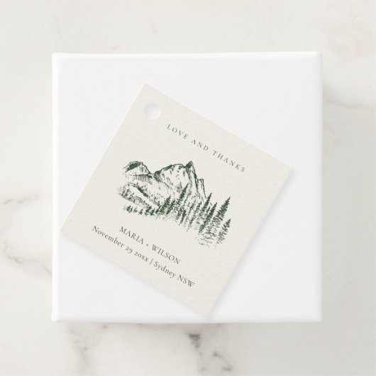 Étiquettes Cadeau Rustic Green Pine Woods Mountain Sketch Mariage (En situation)