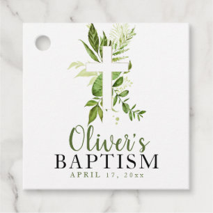 Étiquettes Cadeau Rustic Greenery Cross Boy Baptism Favoriser Tags