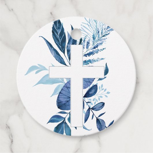 Étiquettes Cadeau Rustic Navy Blue Green Cross Boy Baptism (Devant)