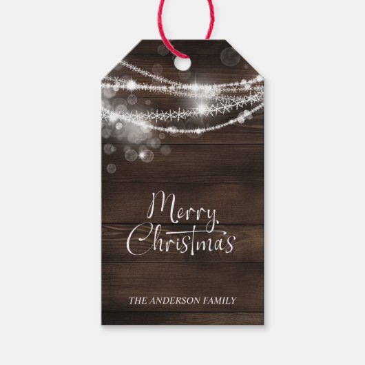 Étiquettes-cadeau Rustic String Lights Wood Christmas (Devant)