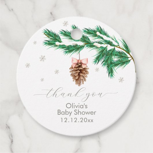 Étiquettes Cadeau Rustic Winter Snowflake Pine cone Baby Shower (Devant)