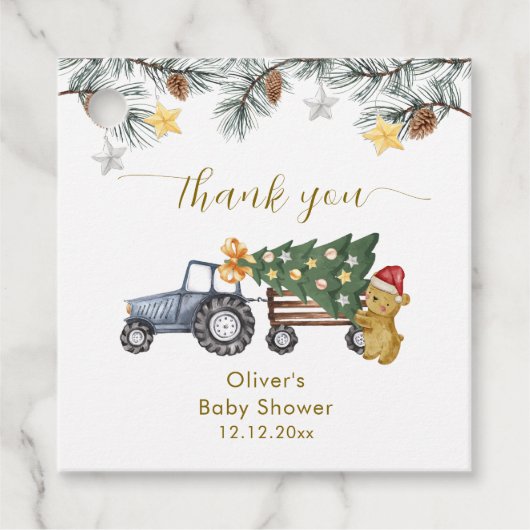 Étiquettes Cadeau Rustic Winter X'mas Tree Tractor Bear Baby Shower (Devant)