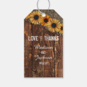 Étiquettes-cadeau Rustic Wood Burlap Sunflower Mariage Amour & Merci (Devant)