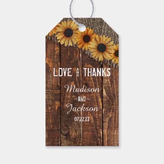 Étiquettes-cadeau Rustic Wood Burlap Sunflower Mariage Amour & Merci (Devant)