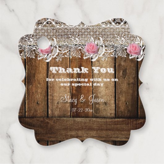 Étiquettes Cadeau Rustique Barnwood, dentelle, Mariage Rose (Devant)