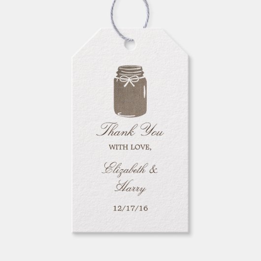 Étiquettes-cadeau Rustique Burlap Mason Jar Mariage (Devant)