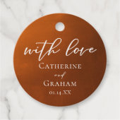 Étiquettes Cadeau Rustique Burtic Orange Script Mariage d'automne (Devant)