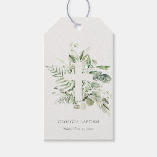Étiquettes-cadeau Rustique Green Eucalyptus Fern Foliage Croix Baptê