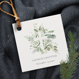 Étiquettes Cadeau Rustique Green Eucalyptus Fern Foliage Croix Baptê