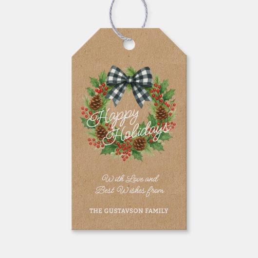 Étiquettes-cadeau Rustique Holly Wreath Blanc Noir À damiers Bow (Devant)