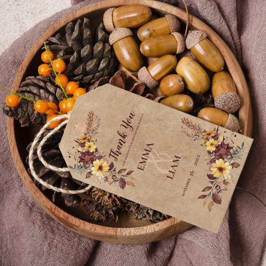Étiquettes-cadeau Rustique Jaune & Bourgogne Automne Floral Mariage