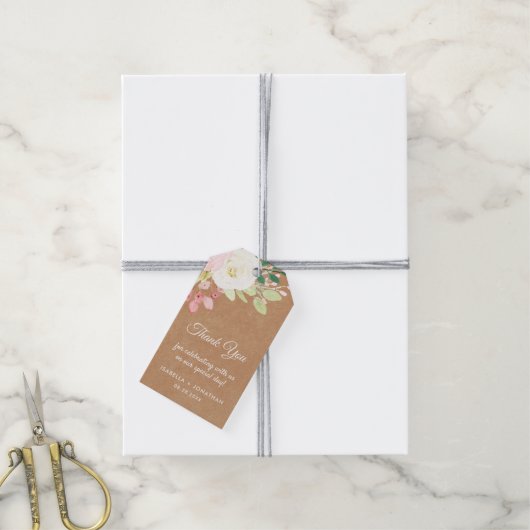 Étiquettes-cadeau Rustique Kraft Floral Brown Cream Mariage Merci (Avec de la ficelle)