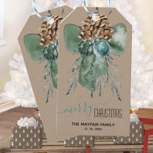 Étiquettes-cadeau Rustique Kraft Green Bow Cones sucre Noël