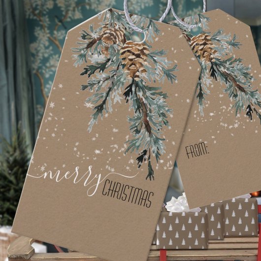 Étiquettes-cadeau Rustique Kraft Juniper Bough & Cones Joyeux Noël