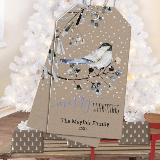 Étiquettes-cadeau Rustique Kraft Snowy Chickadee Bird Joyeux Noël