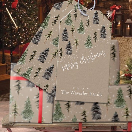 Étiquettes-cadeau Rustique Kraft Winter Woodland Snowy Spruce Trees