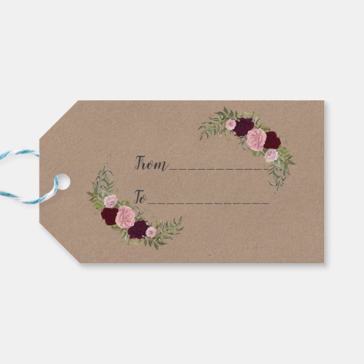 Étiquettes-cadeau Rustique Marsala Floral Mariage de papier d'artisa (Dos Horizontal)