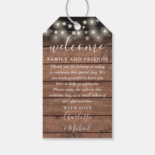 Étiquettes-cadeau Sac à panier d'accueil pour mariage rustique (Dos)