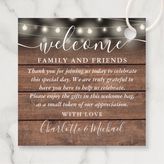 Étiquettes Cadeau Sac cadeau de bienvenue pour Mariage Rustic Lights (Dos)
