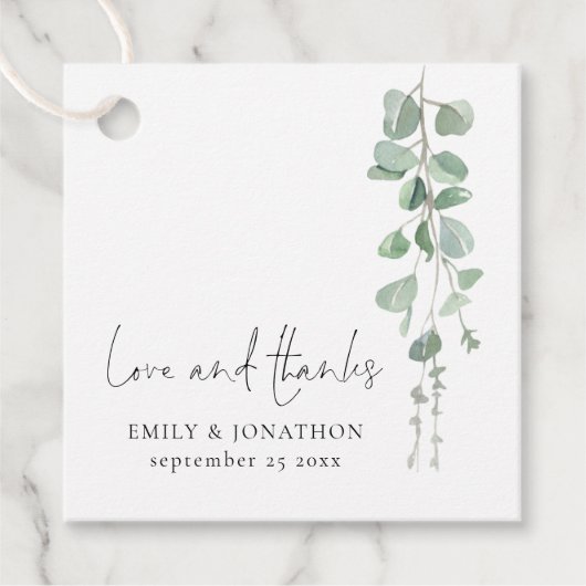 Étiquettes Cadeau Sage Eucalyptus Love Merci Script Names Mariage (Devant)