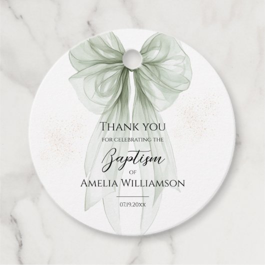 Étiquettes Cadeau Sage Green Bow Baptême (Devant)