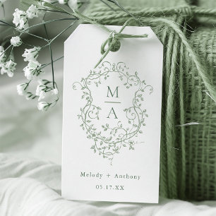 Étiquettes-cadeau Sage Green Élégant Français Floral Crest Mariage