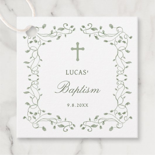 Étiquettes Cadeau Sage Green Foliage Frame Baptism (Devant)