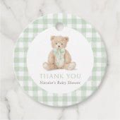 Étiquettes Cadeau Sage Green Gingham Teddy Bear Baby Shower (Devant)