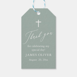 Étiquettes-cadeau Sage Green White Cross Boy Baptism Favoriser Tags