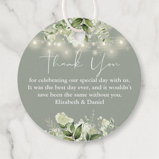 Étiquettes Cadeau Sage Vert Floral Chaîne Lumières Merci Mariage (Dos)