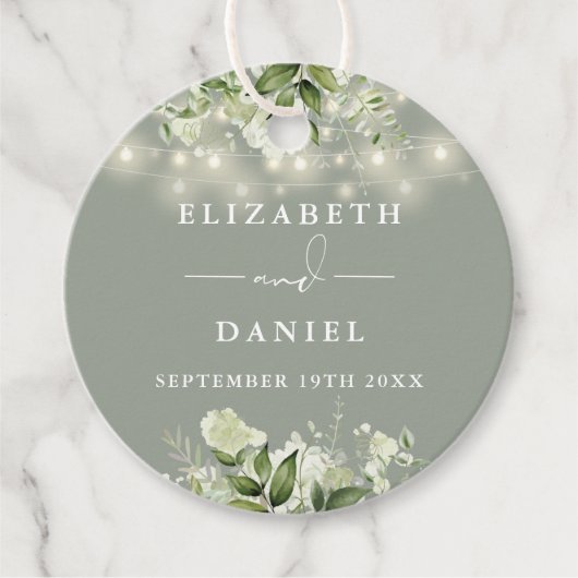 Étiquettes Cadeau Sage Vert Floral Chaîne Lumières Merci Mariage (Devant)