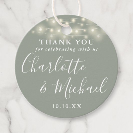 Étiquettes Cadeau Sage vert Script Chaîne Lumières Merci (Devant)