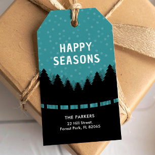 Étiquettes-cadeau Saisons bleues heureuses avec forêt et neige