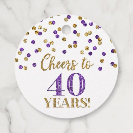 Étiquettes Cadeau Salutations à 40 ans d'or violet Confetti (Dos)