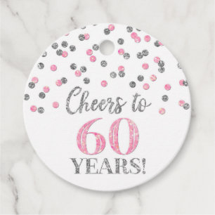 Étiquettes Cadeau Salutations à 60 ans Confetti en argent rose