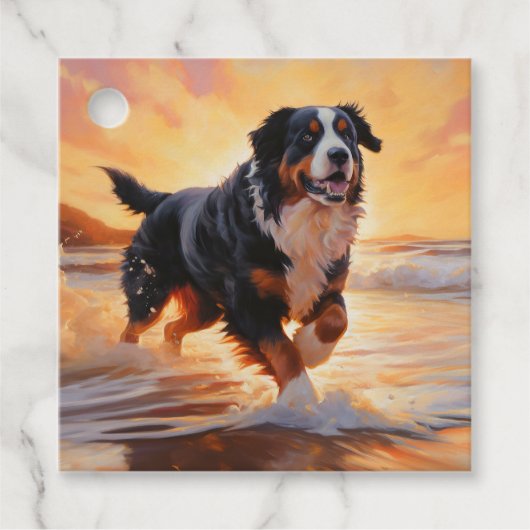 Étiquettes Cadeau Sandy Paws Bernese Mountain Dog on Beach Sunset (Devant)