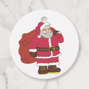 Étiquettes Cadeau Santa Claus en rouge avec sac cadeau et lunettes