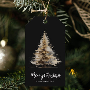Étiquettes-cadeau Sapin de Noël à l'aquarelle noir élégant