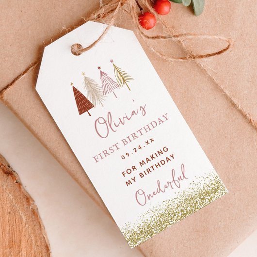 Étiquettes-cadeau Sapin de Noël Fille Hiver 1er Anniversaire Merci