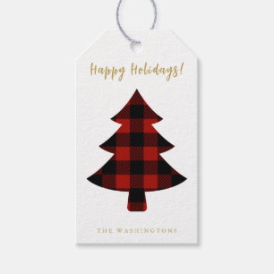 Étiquettes-cadeau Sapin de Noël moderne à carreaux rouges de bison
