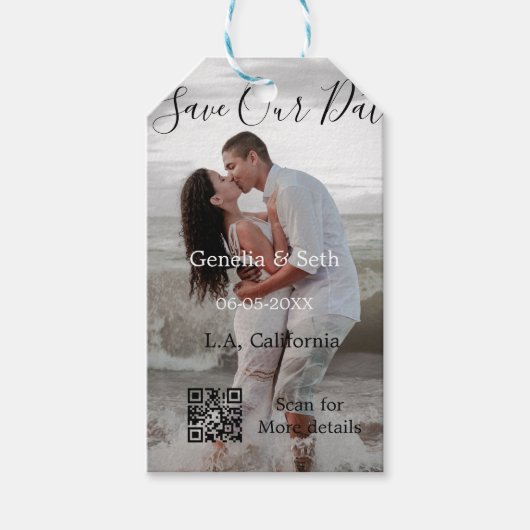 Étiquettes-cadeau Save the date simple minimal QR scan code details (Devant)