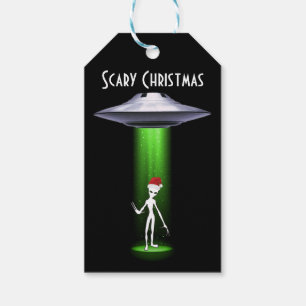 Étiquettes-cadeau Scary UFO Christmas Alien White Green Beam