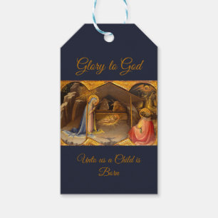 Étiquettes-cadeau Scène de la Nativité dans la gloire d'or à Dieu