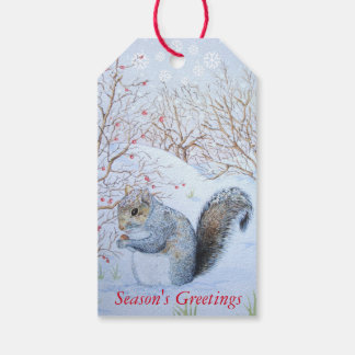 Étiquettes-cadeau scène de neige d'écureuil gris mignon fêtes de Noë