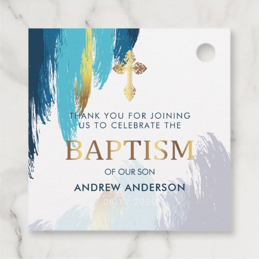 Étiquettes Cadeau Script de brosse moderne Or & Merci bleu Baptême (Dos)
