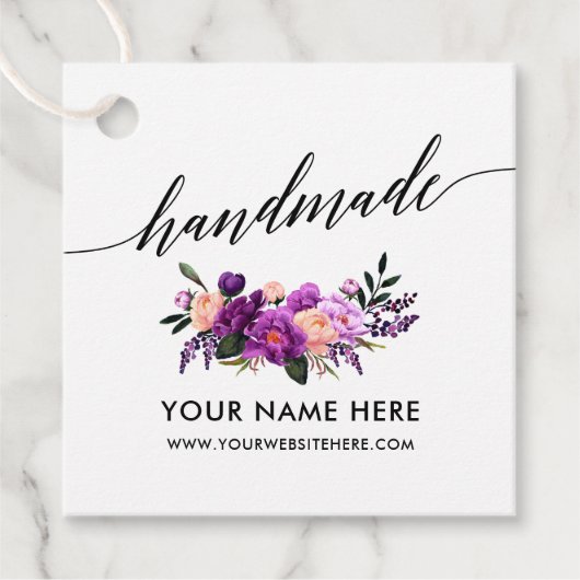 Étiquettes Cadeau Script de calligraphie artisanal Floral violet (Devant)