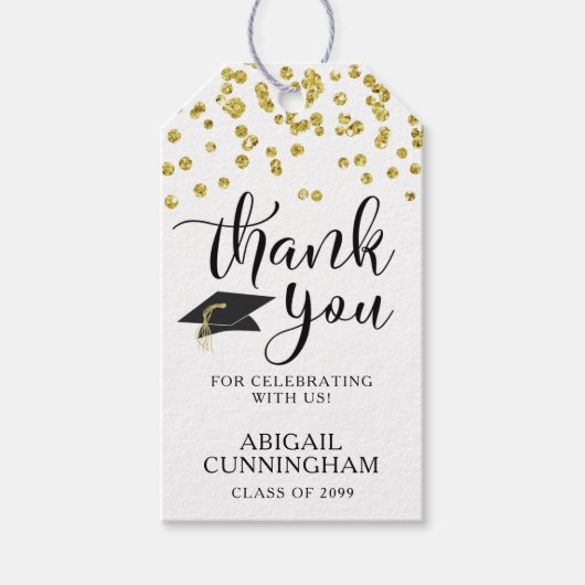 Étiquettes-cadeau Script de diplôme MERCI Gold Confetti (Devant)